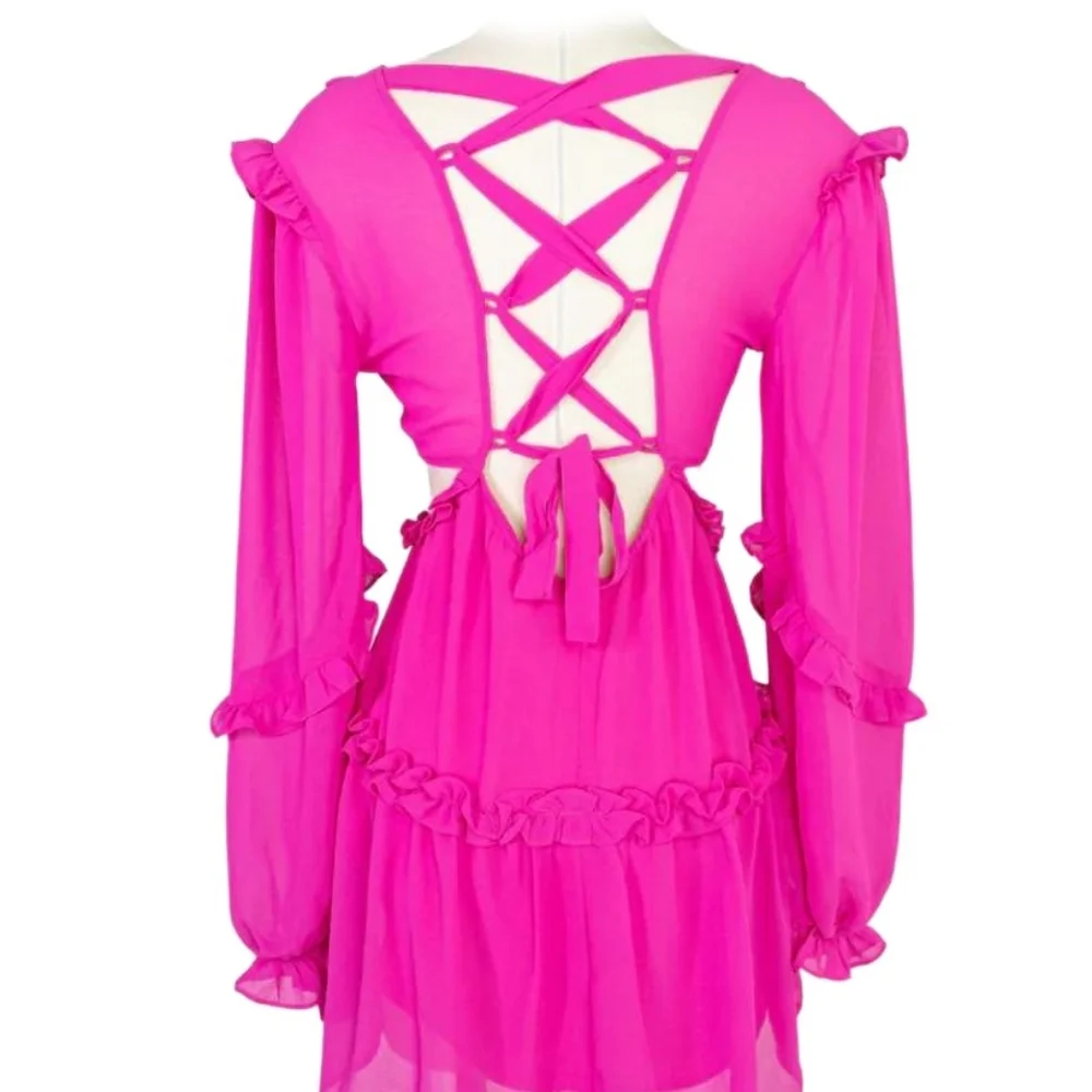Hot Pink Ruffle Long Sleeve Dress Side Cutouts & Strappy Back - Picture 3 of 3